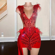 Luxury Red Prom Dresses With Train Beading Sequin Mini Short Party Dress Cocktail Gowns Vestidos De Gala
