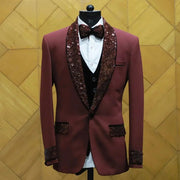 Men's Burgendy Sequin Suit (Jacket + Pants + Vest )