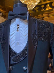 Navy Blue Beading Three Pieces Men Suits With Black Sequined Appliques Man Blazer(Jacket+Vest+Pants)