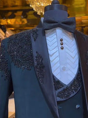 Navy Blue Beading Three Pieces Men Suits With Black Sequined Appliques Man Blazer(Jacket+Vest+Pants)