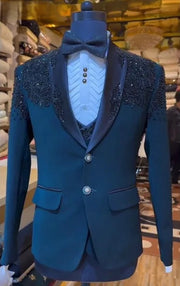 Navy Blue Beading Three Pieces Men Suits With Black Sequined Appliques Man Blazer(Jacket+Vest+Pants)