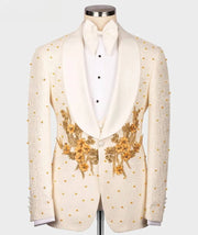 Men's Cream White and Gold Applique Beaded Suit  (Jacket + Pants + Vest )