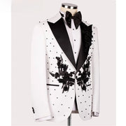 Men's White & black Applique Beaded Suit(Jacket + Pants + Vest )