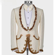 Mens white and gold beaded suit (Jacket + Pants + Vest)