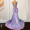 Lavender Feathered  Sheer Neck Velvet Mermaid Prom Dress