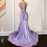 Lavender Feathers Prom Dresses 2024 Sheer Neck Velvet Mermaid Party Gowns Beading Evening Dress