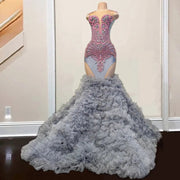 Luxury Rhinestone Prom Dresses Sheer Neck Ruffles Mermaid Party Gowns Beading Evening Dress
