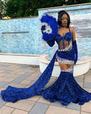 Royal Blue Crystal Prom Dresses For Women 2023 Sequin Mermaid Party Gowns With Train Evening Dress Long Vestidos De Graduación