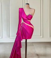 Fuchsia Beaded One-Shoulder Party Gown