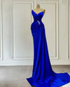 Modest Royal Blue Long Satin Crystal  Mermaid Evening Dress