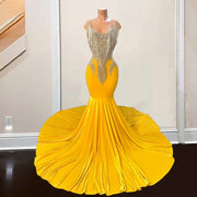 Yellow Velvet Crystal Prom Dress 2024