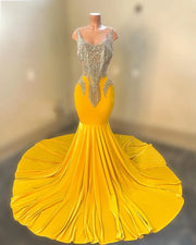 Yellow Velvet Crystal Prom Dress 2024