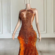 Orange Crystal Feather Mermaid Prom Dress