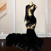 Black Velvet One-Shoulder Long Sleeve Rhinestone Mermaid Prom Dress