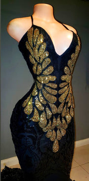 Sexy Black & Gold 2024 Rhinestone Backless Prom Dress