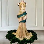 Luxury Gold & Green Feathers Sequin Prom Dress