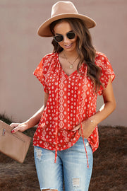 Khaki V-neck Short Sleeve Fashion Print Fantasy Fluttering Blouse