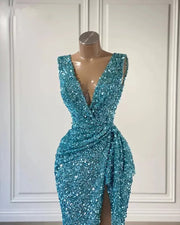 Stunning Sexy High Slit V-neck Sleeveless Sequined Long Evening Dresses 2022 For Party