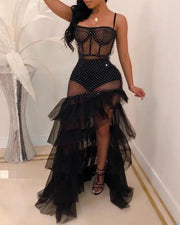 Sheer Mesh Rhinestone Slit Party Dress