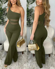 Contrast Mesh One Shoulder Sleeveless Jumpsuit