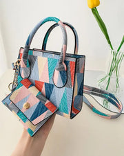 Geometric Colorblock Satchel Bag With Inner Pouch