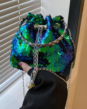 Colorblock Sequin Drawstring Bucket Bag