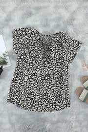 Khaki V-neck Short Sleeve Fashion Print Fantasy Fluttering Blouse