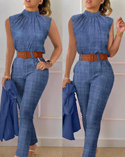 Denim Look Print Ruched Top & High Waist Pants Set