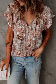 Khaki V-neck Short Sleeve Fashion Print Fantasy Fluttering Blouse