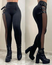 Mesh Patch Buckled High Waist Pants