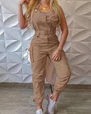 Pocket Buckle Design Cargo Suspender Jumpsuit