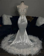 2023 Elegant White Sweetheart Long Prom Dres  Beaded Appliques Birthday Party Evening Gowns With Feathers