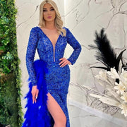 2023 Luxury Blue Mermaid Prom  Dresses Beading Sequined Feathers Deep V Neck Long Sleeve Sweep Train   Prom Gowns
