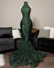2023 Luxury  Emerald  Green Sequined High Neck Glitter Elegant Party Gowns Long Mermaid Formal Prom Dress