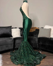 2023 Luxury  Emerald  Green Sequined High Neck Glitter Elegant Party Gowns Long Mermaid Formal Prom Dress