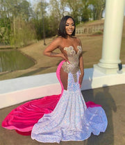 2023 Luxury Sparkly Mermaid Prom Dress Sheer Neck Sequins Bead Rhinestone Sexy Evening Party Gown Robe