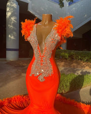 2023 Orange Feathers Mermaid  Prom Dresses Crystal Party Evening Gowns Vestido De novia