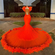 2023 Orange Feathers Mermaid  Prom Dresses Crystal Party Evening Gowns Vestido De novia