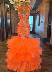 2023 Orange Mermaid Prom Dress Scoop Sequin Party Dresses Birthday Evening Wear