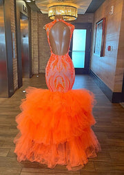 2023 Orange Mermaid Prom Dress Scoop Sequin Party Dresses Birthday Evening Wear