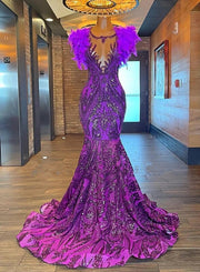 2023 Purple Mermaid Prom Dresses Scoop Sequin Feathers Party Dress Birthday Wear