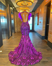 2023 Purple Mermaid Prom Dresses Scoop Sequin Feathers Party Dress Birthday Wear