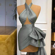 Gray Ruffled Evening Gown with Train