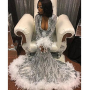 Long Sparkly Prom Dresses 2024 V-neck Long Sleeve Silver Sequin White Feather Gala Mermaid Prom Dress