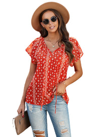 Khaki V-neck Short Sleeve Fashion Print Fantasy Fluttering Blouse