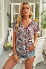 Khaki V-neck Short Sleeve Fashion Print Fantasy Fluttering Blouse