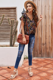 Khaki V-neck Short Sleeve Fashion Print Fantasy Fluttering Blouse