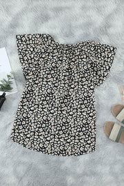 Khaki V-neck Short Sleeve Fashion Print Fantasy Fluttering Blouse