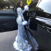 Long Sparkly Prom Dresses 2024 V-neck Long Sleeve Silver Sequin White Feather Gala Mermaid Prom Dress