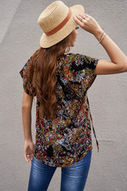 Khaki V-neck Short Sleeve Fashion Print Fantasy Fluttering Blouse